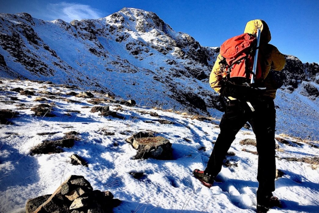 winter mountaineering in Glen Coe below summit of Stob Coire nan Lochan