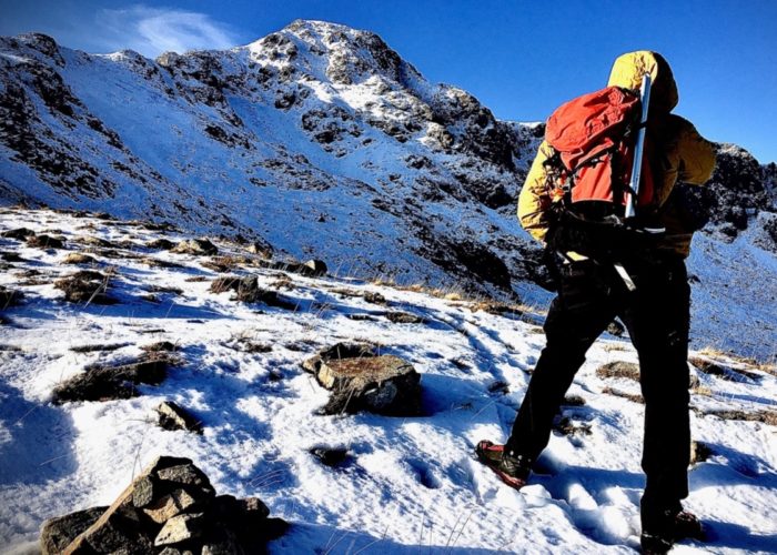 winter mountaineering in Glen Coe below summit of Stob Coire nan Lochan