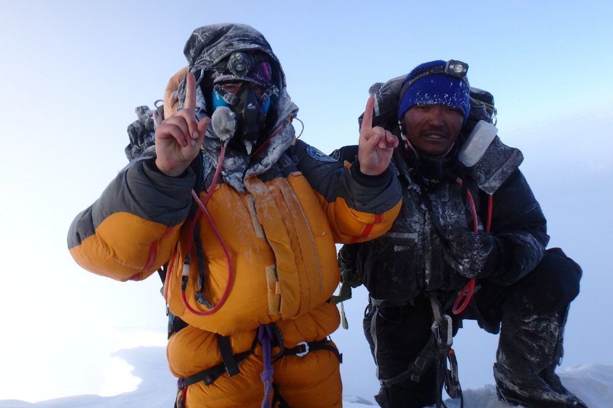 Mollie Hughes and Lhakpa Wongchu Sherpa on the summit of Mount Everest 2017