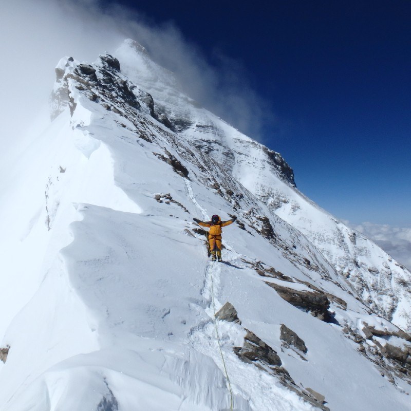 Mollie Hughes descending from the summit of Mount Everest 2017