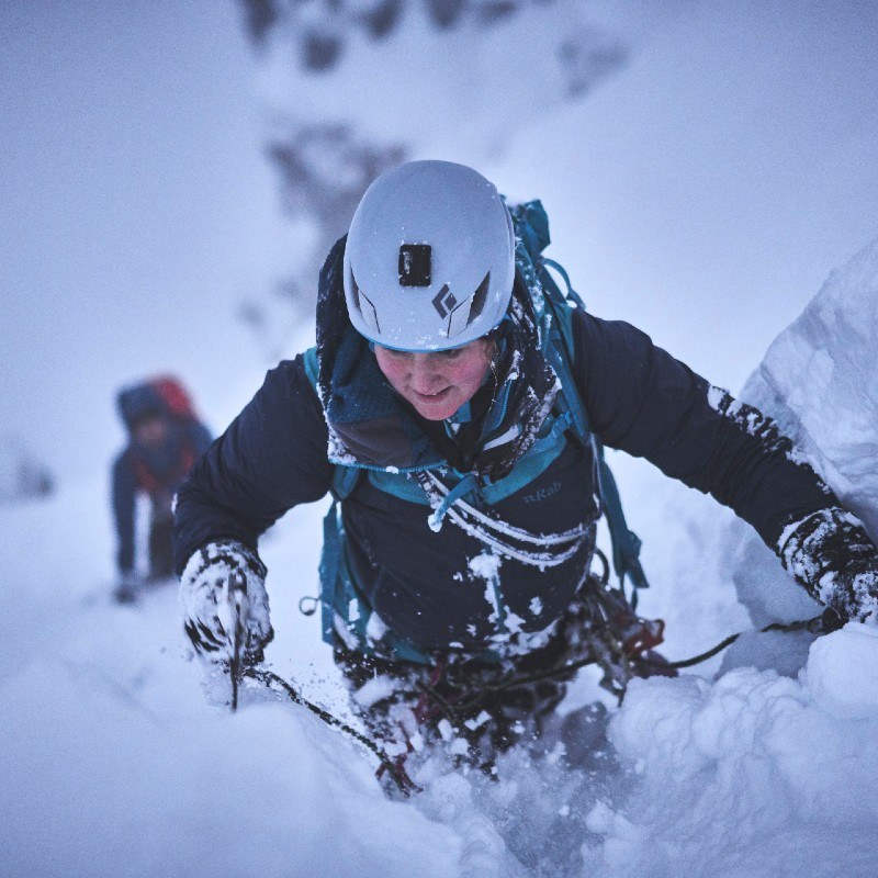 Mollie Hughes winter climbing in Glencoe Scotland. Hamish Frost image