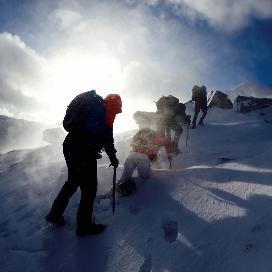 Wind and snow Winter skills course mountaineering in glen coe Scotland
